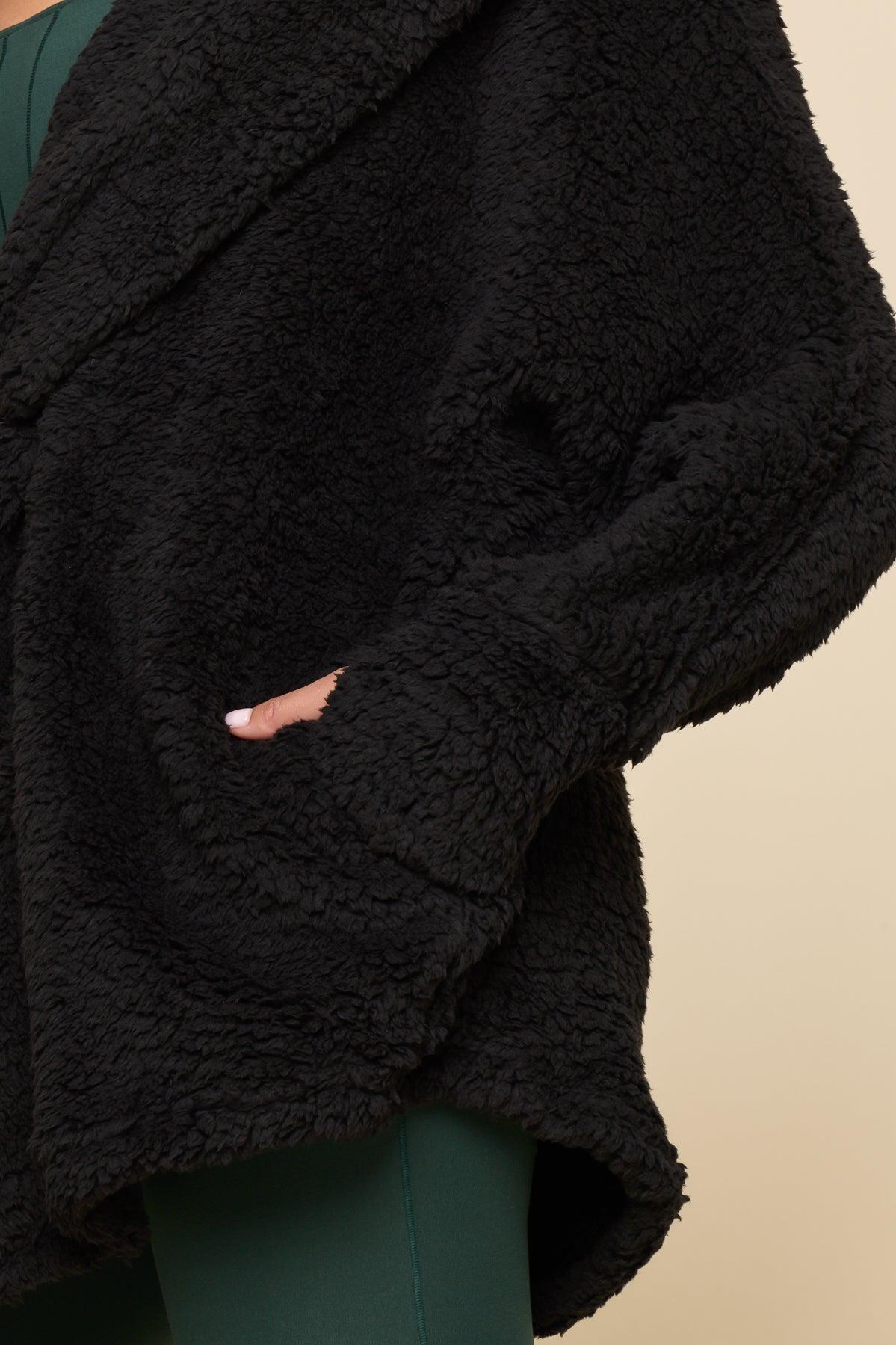 Faux Sherpa Cocoon Coat - Black Product Image