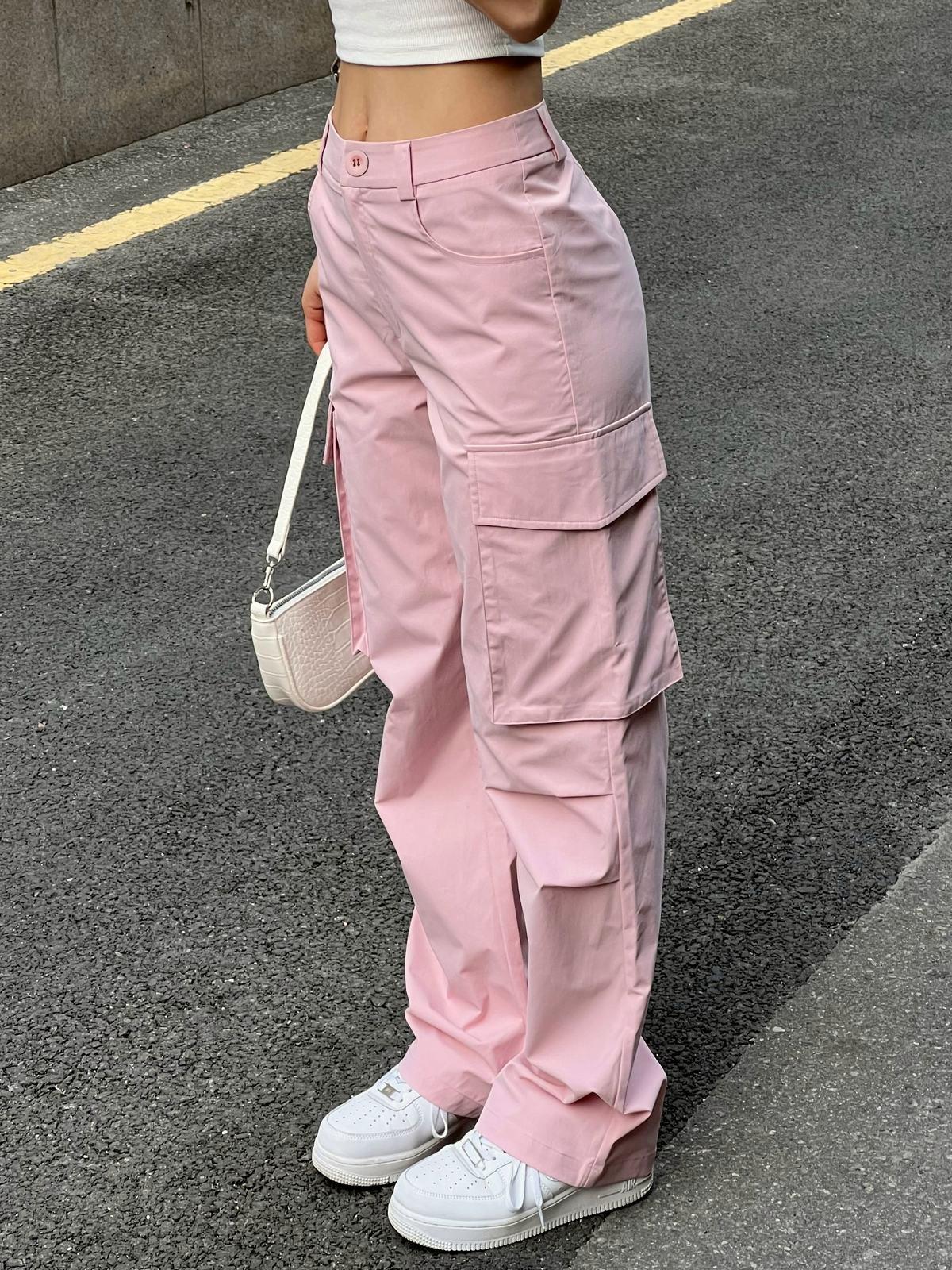 Ruched Pink Straight Leg Cargo Pants Product Image