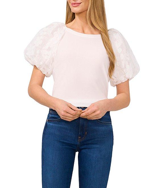 CeCe Mixed Media Round Neck Floral Puff Sleeve Top Product Image