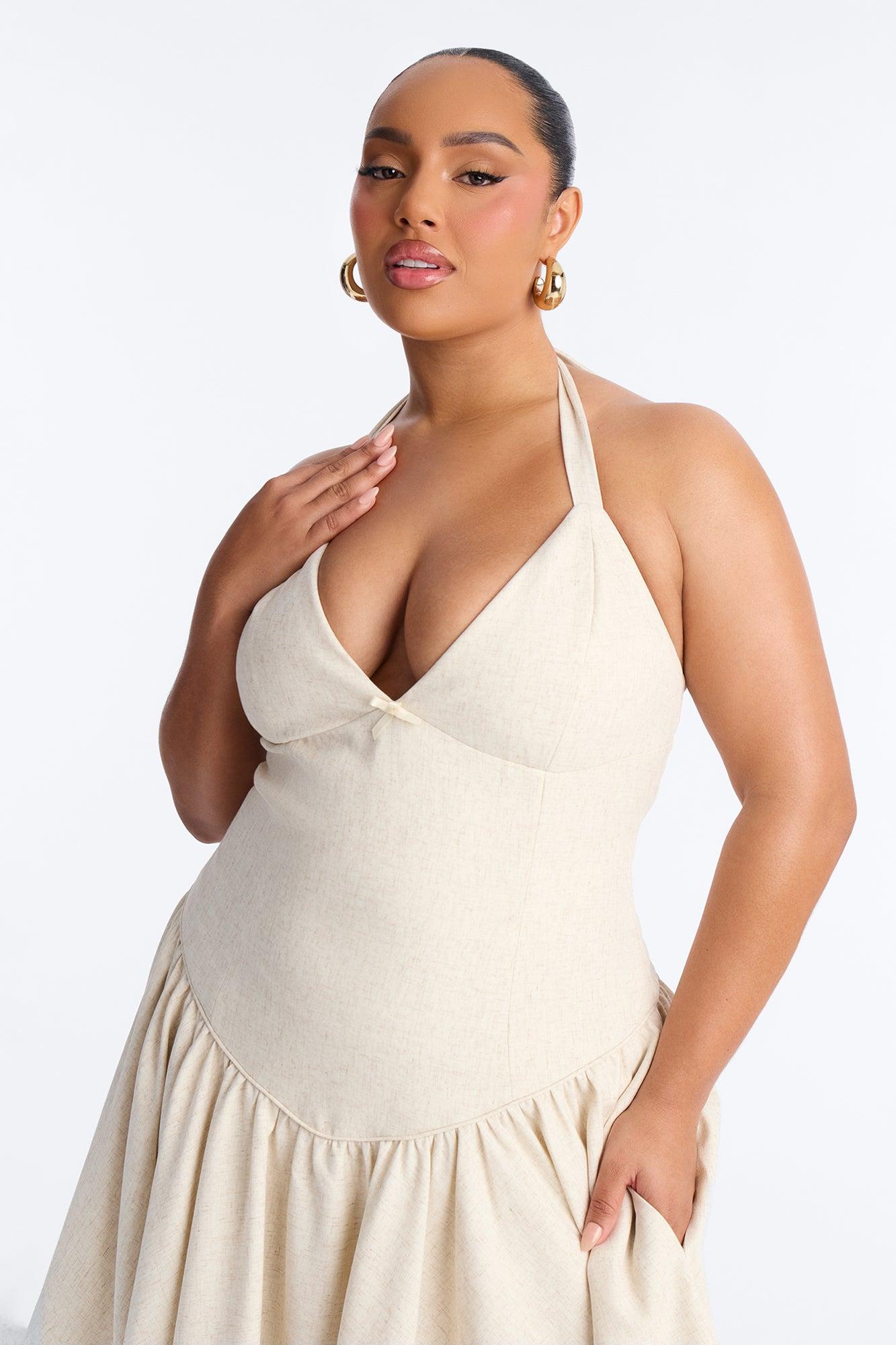 Linen Bloom Halter Midi Dress - Natural Female Product Image