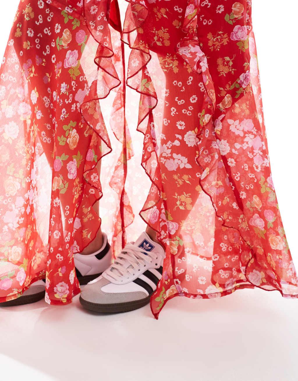 ASOS DESIGN petite chiffon ruffle maxi skirt in floral print Product Image