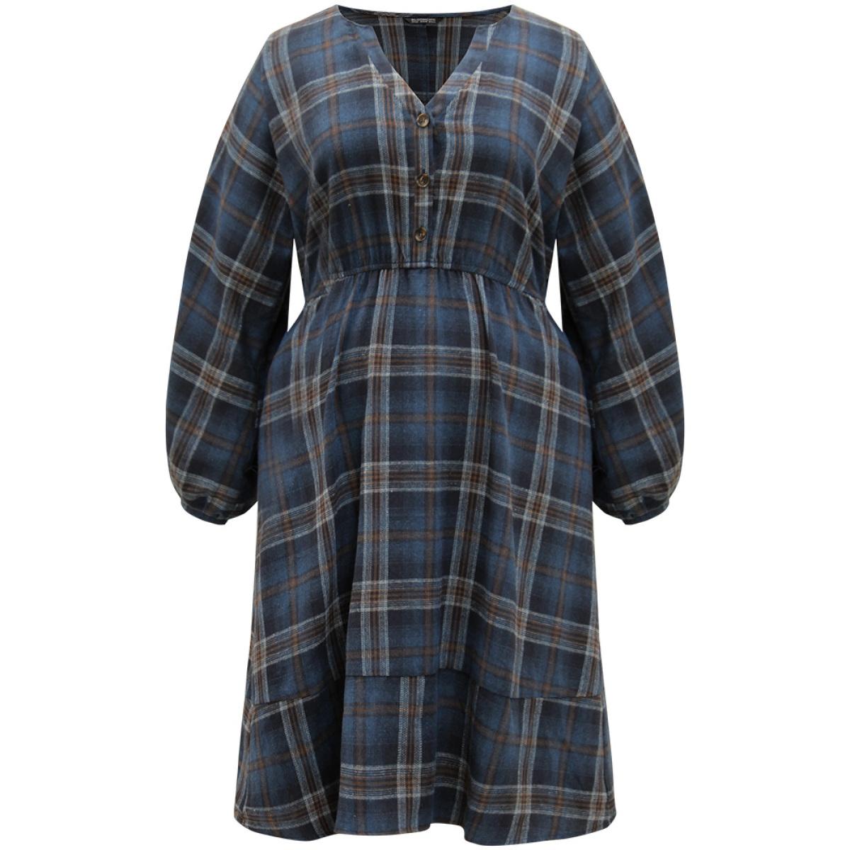 Plus Size Plaid Notched Button Up Lantern Sleeve Dress Aegean Women Casual Elastic cuffs Notched collar Long Sleeve Curvy Midi Dress BloomChic 14-16/1X Product Image