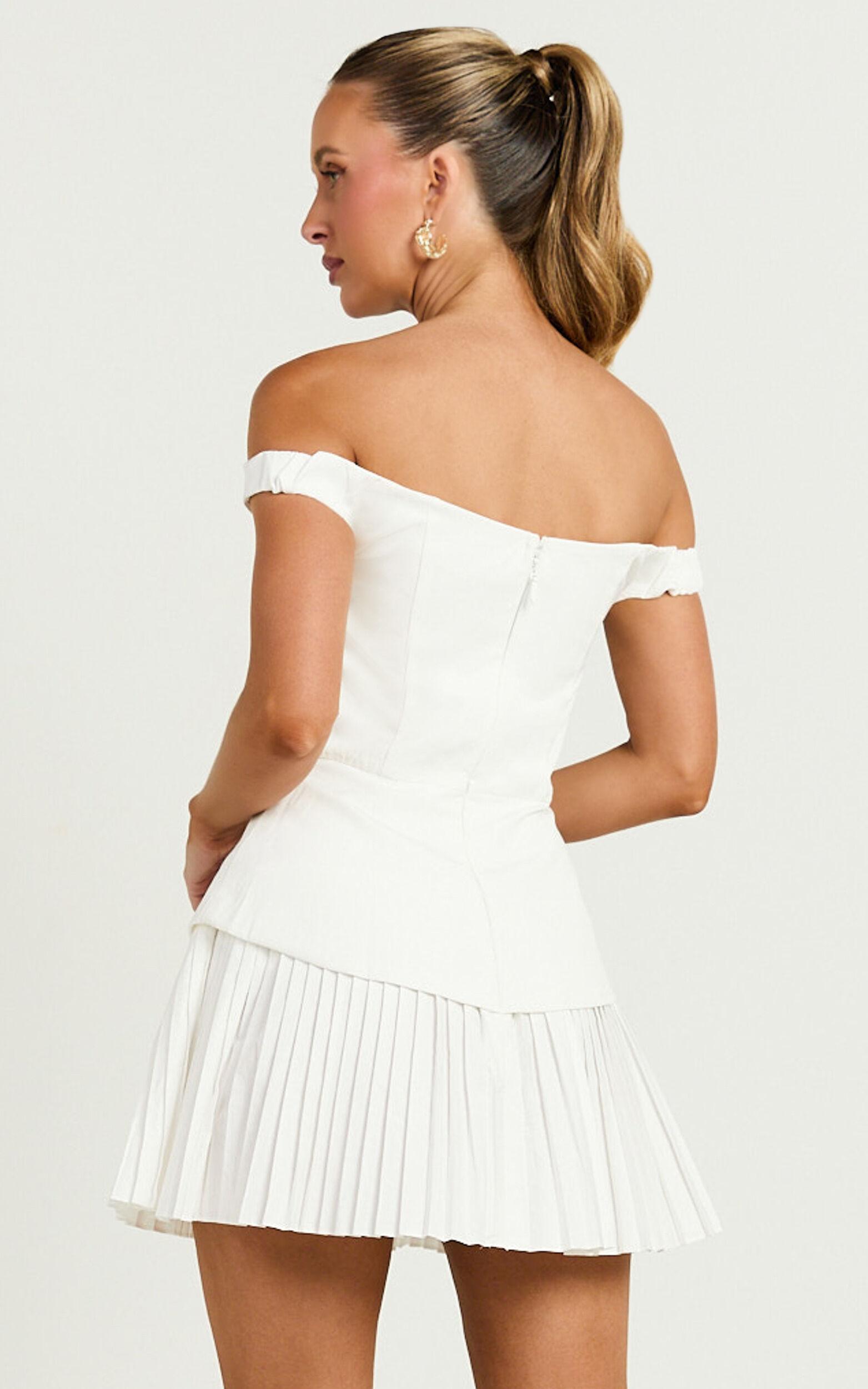 Izara Mini Dress - Off Shoulder Pleated Dress in Off White Product Image