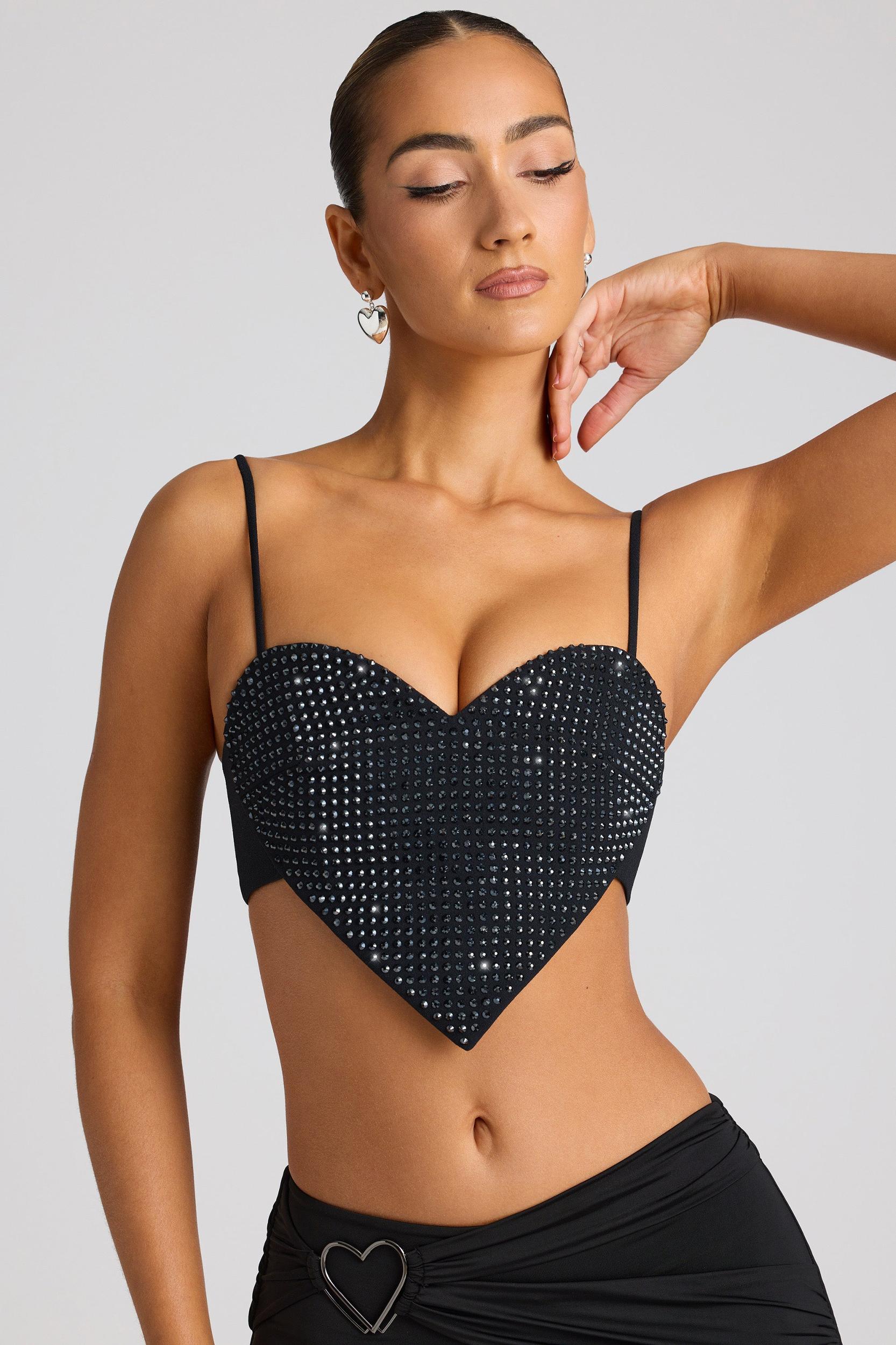 Embellished Heart Detail Crop Top in Black Product Image