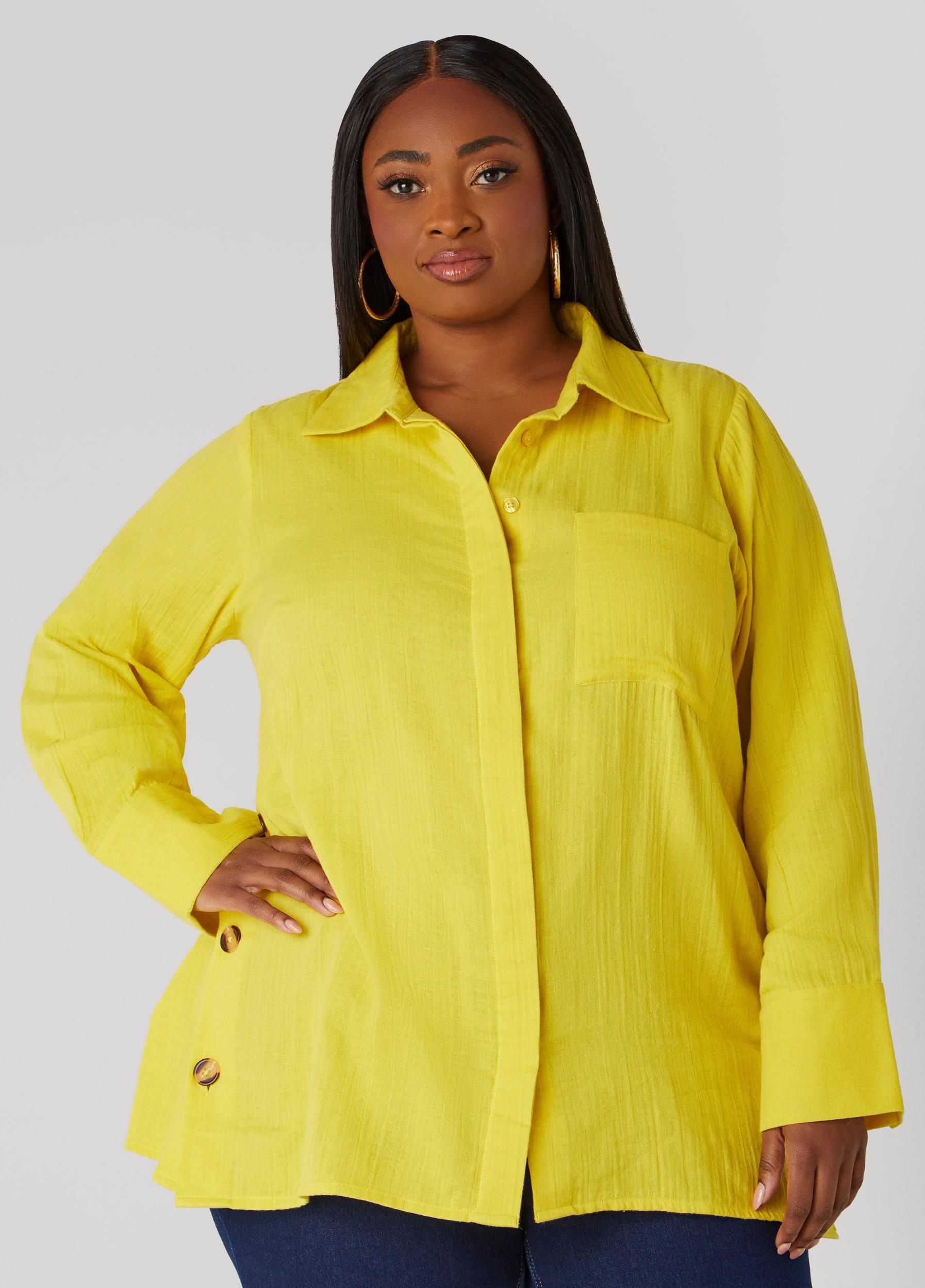 Plus Size Button Detailed Cotton Gauze Shirt Ashley Stewart Product Image