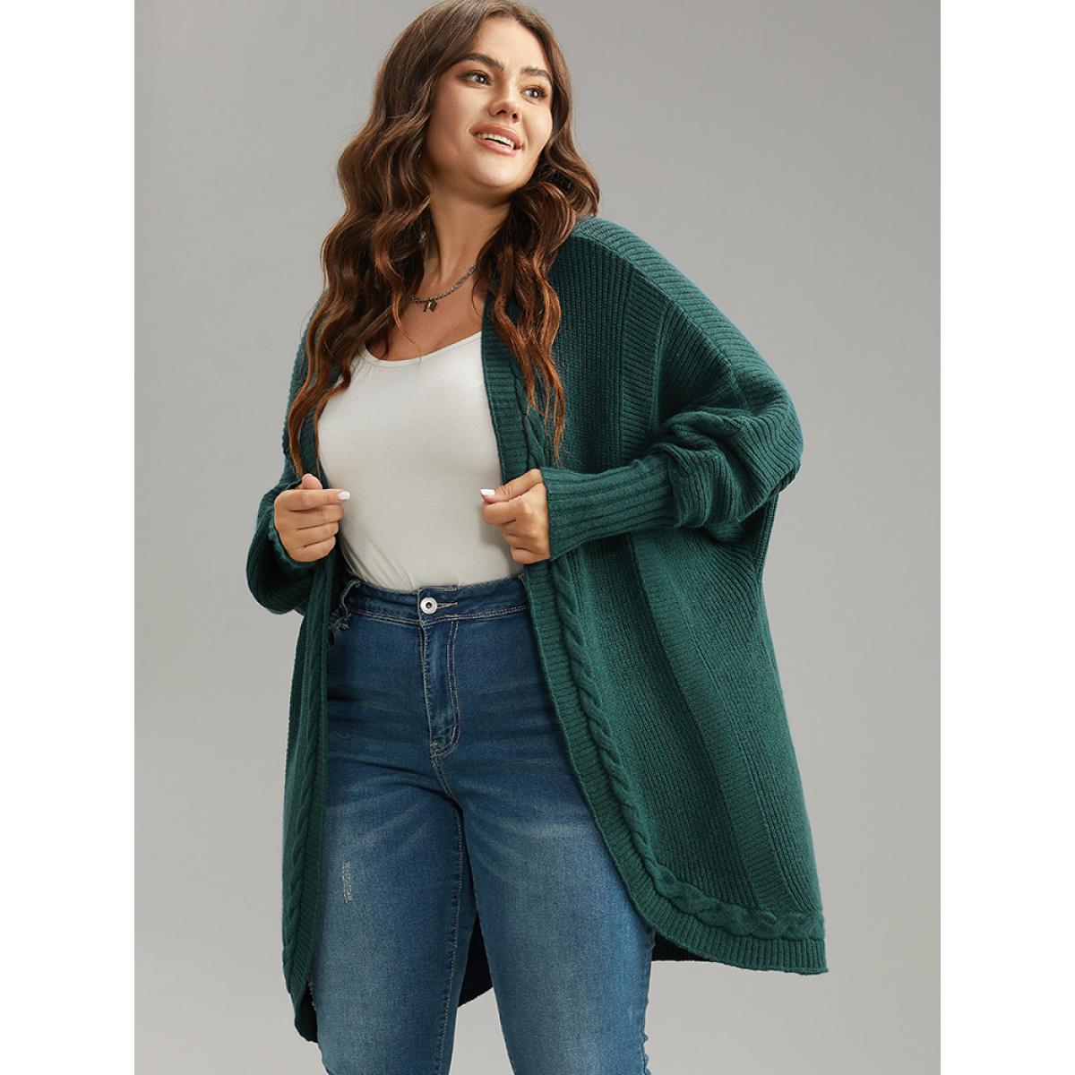 Plus Size Supersoft Essentials Batwing Sleeve Cable Knit Cardigan DarkGreen Women Casual Loose Long Sleeve Dailywear Cardigans BloomChic 30/6X Product Image