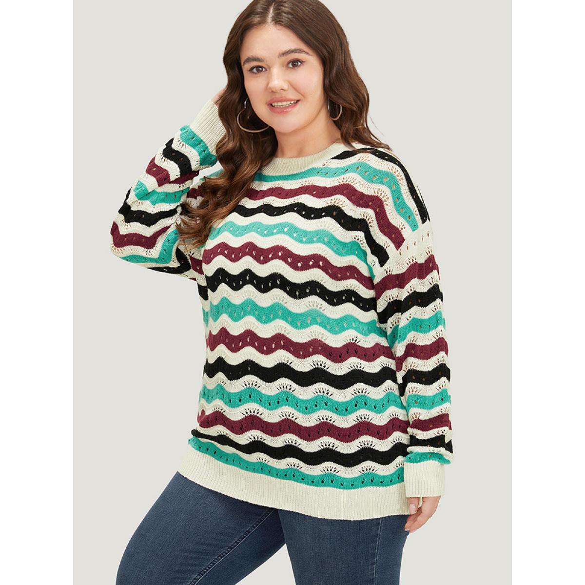 Plus Size Contrast Water Ripple Cut Out Elastic Cuffs Pullover Multicolor Women Casual Loose Long Sleeve Round Neck Dailywear Pullovers BloomChic 12/L Product Image