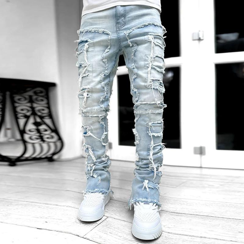Men's Hiphop Fashion Elastic Patch Denim Straight Pants Product Image