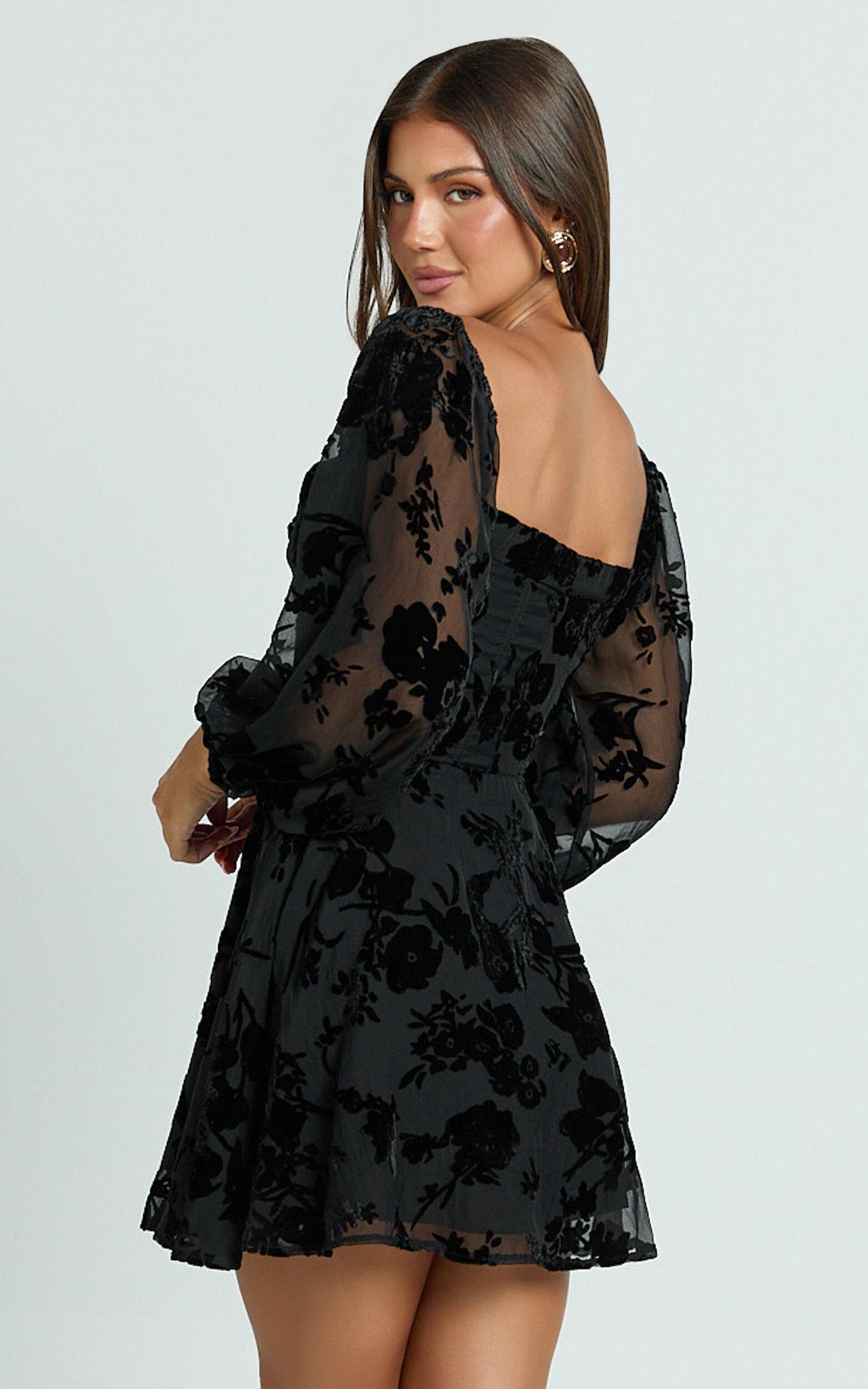 Jessell Mini Dress - Long Sleeve Cowl Corset Dress in Ebony Burnout Product Image