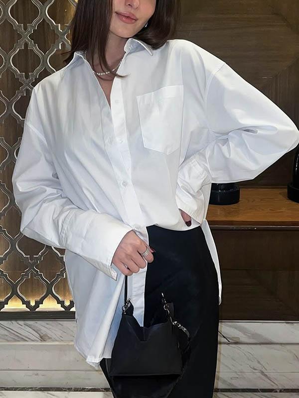 Long Sleeves Loose Buttoned Pockets Solid Color Lapel Blouses&Shirts Tops Product Image