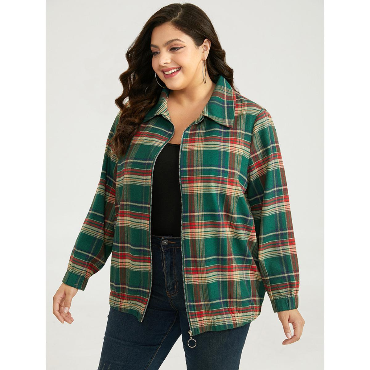 Plus Size Plaid Contrast Zipper Pocket Jacket Women Emerald Elastic cuffs Pocket Dailywear Jackets BloomChic 14-16/1X Product Image