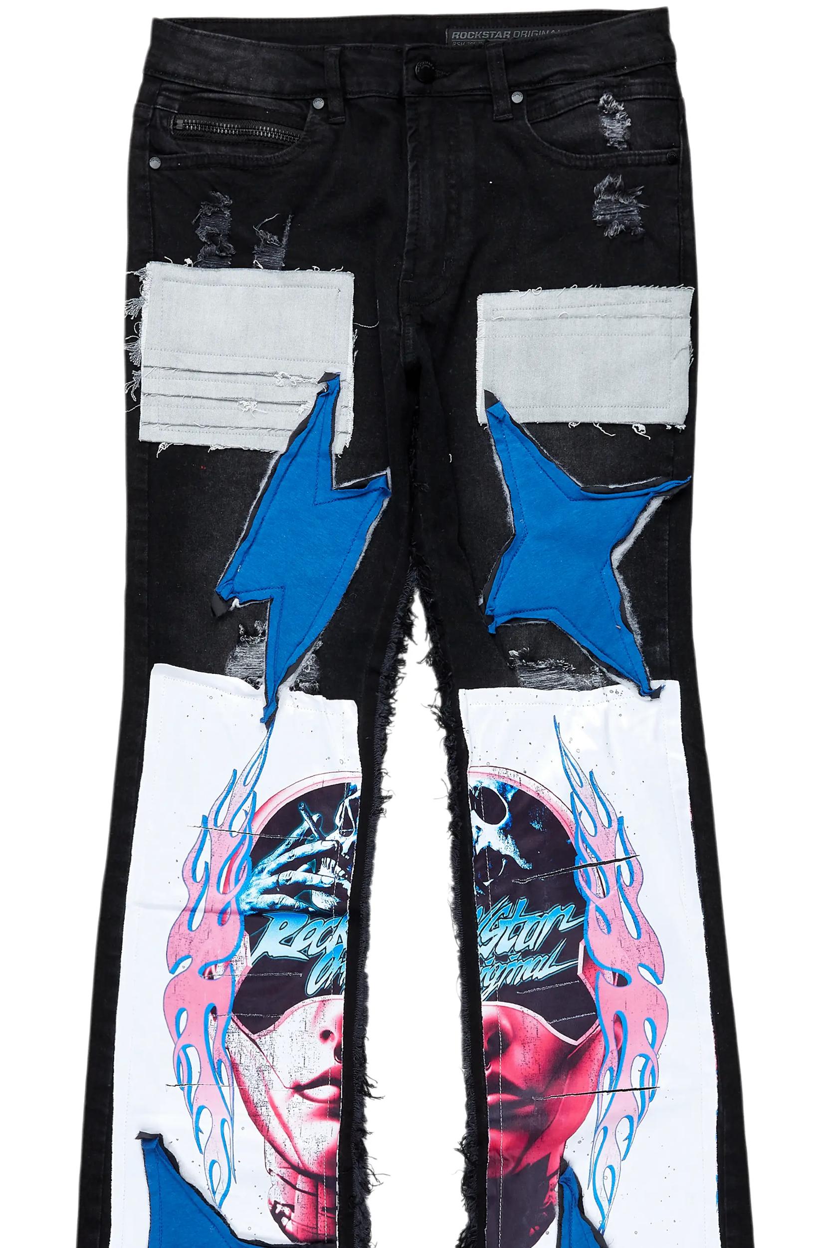 Helios Dark Grey Patchwork Stacked Flare Jean Male Product Image