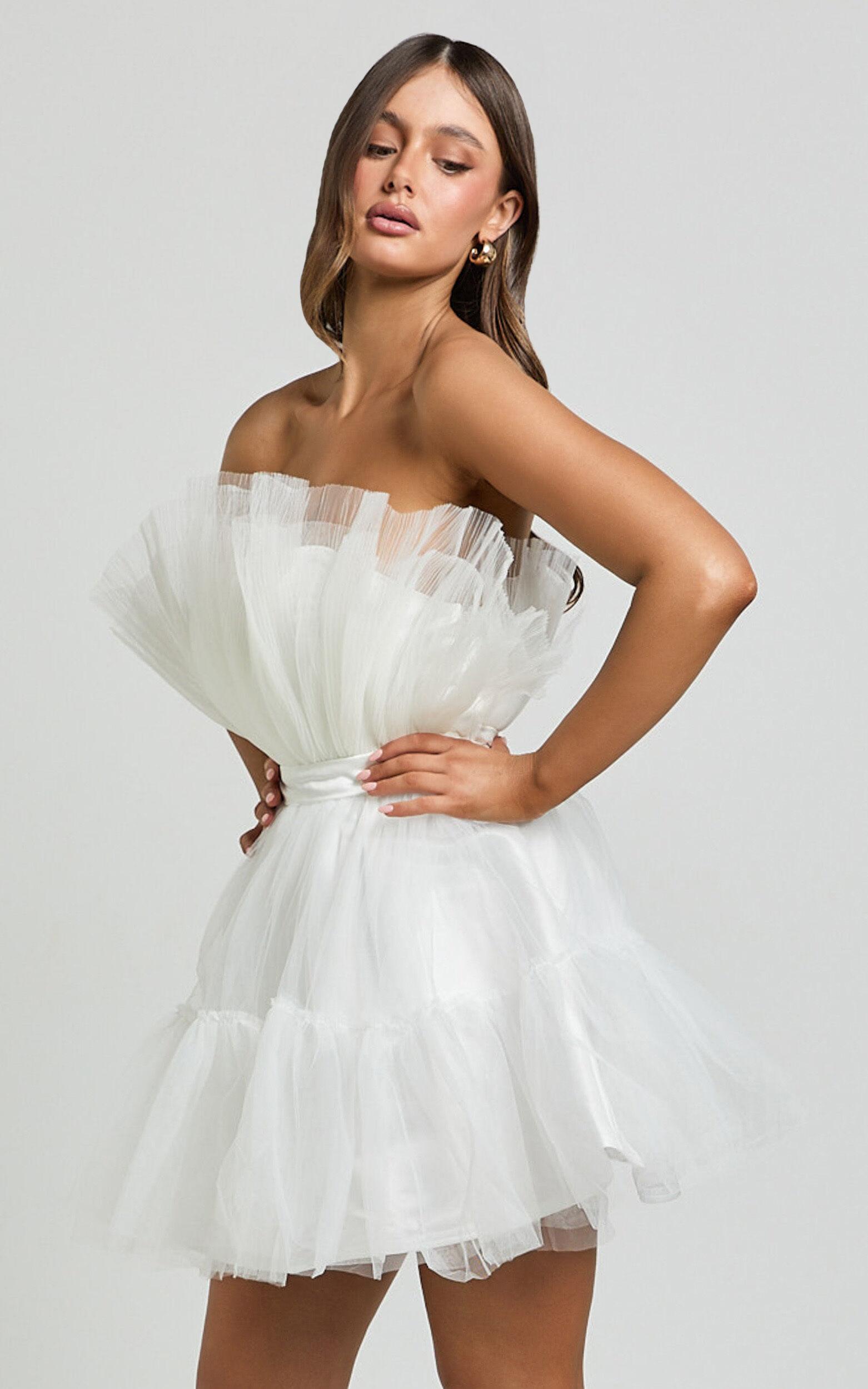 Amalya Mini Dress - Tiered Tulle Fit and Flare Dress in White Product Image