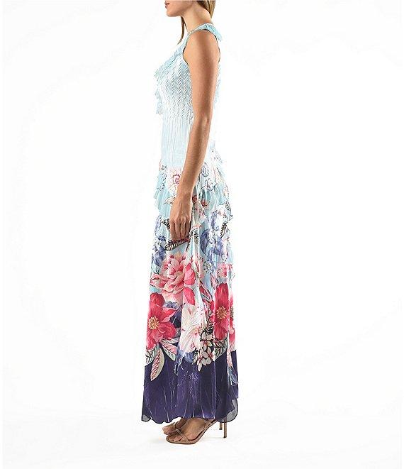 Komarov Ruffle V-neck Sleeveless Floral Print Charmeuse Maxi Dress Product Image