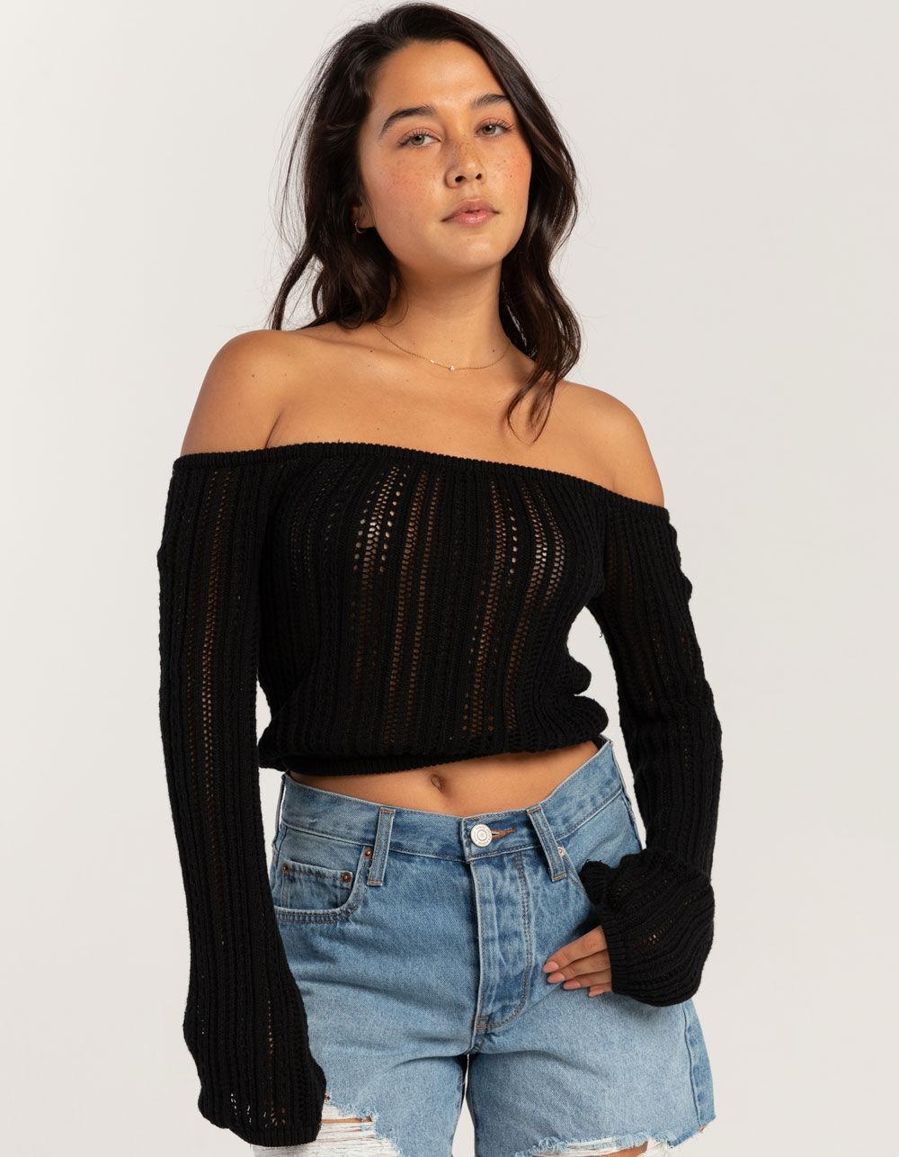 RSQ Womens Linear Stitch Off The Shoulder Sweater - BLACK Product Image