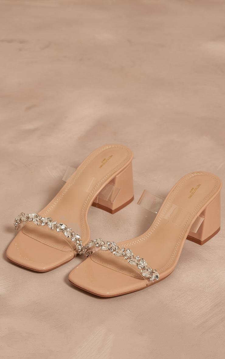 Nude PU Wide Fit Square Toe Jewel Perspex Block Heeled Mules Product Image