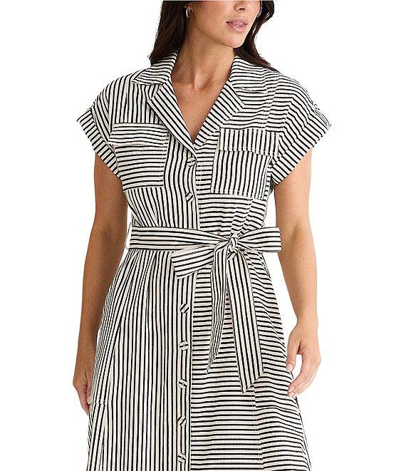 Brave + True Portia Short Cuffed Sleeve Striped Collared Button Front A-Line Midi Dress Product Image