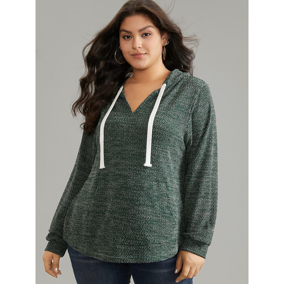 Plus Size Textured Kangaroo Pocket Hooded Sweatshirt Women Green Casual Texture Hooded Everyday Sweatshirts BloomChic 28/5X Product Image