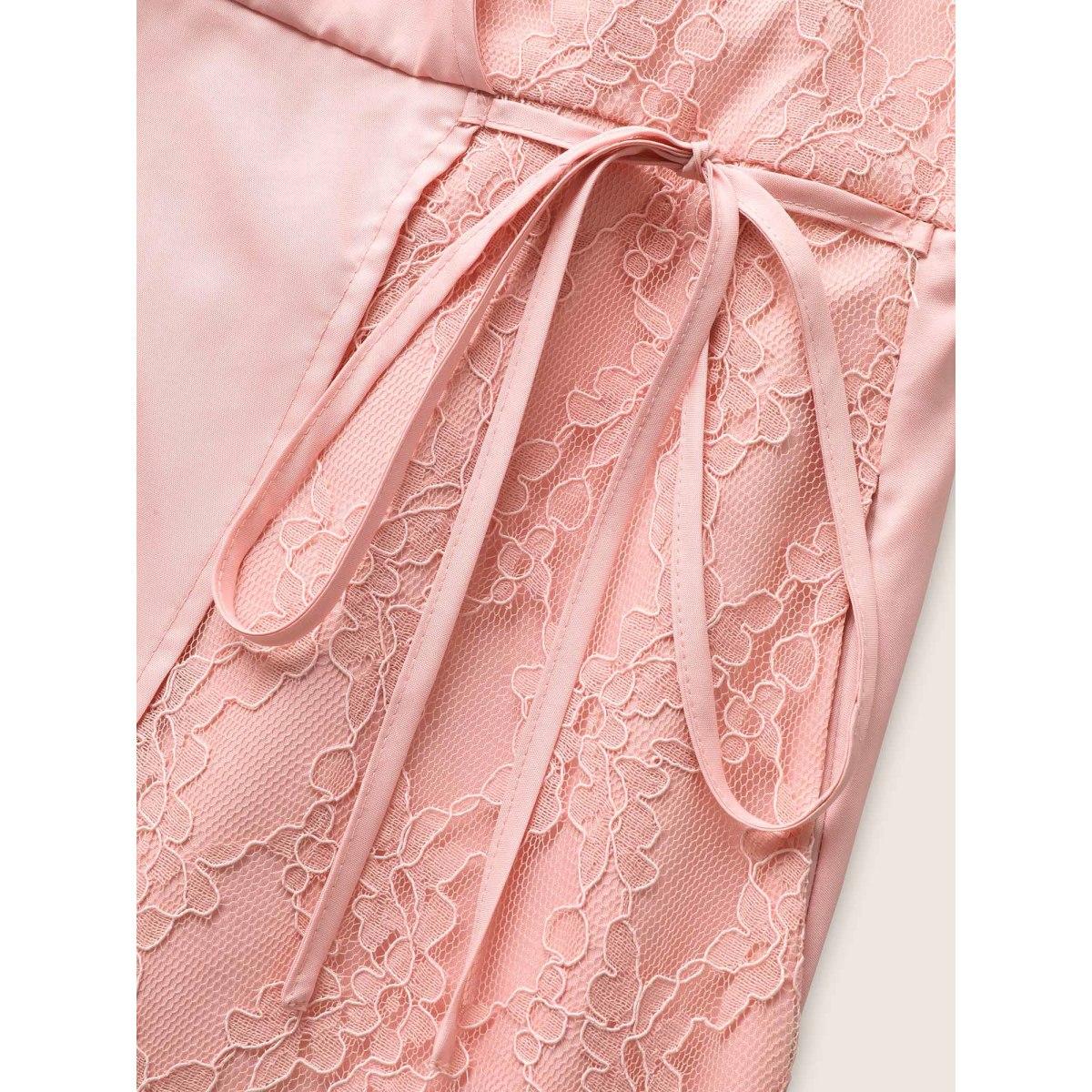 Plus Size Solid Lace Patchwork Tie Knot Midi Dress Blush Women Elegant Woven ribbon&lace trim V-neck Sleeveless Curvy BloomChic 30/6X Product Image