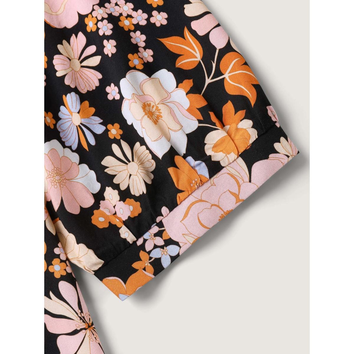 Plus Size Black Floral Textured Button Placket Blouse Women Elbow-length sleeve Round Neck Elegant Blouses BloomChic 26/4X Product Image