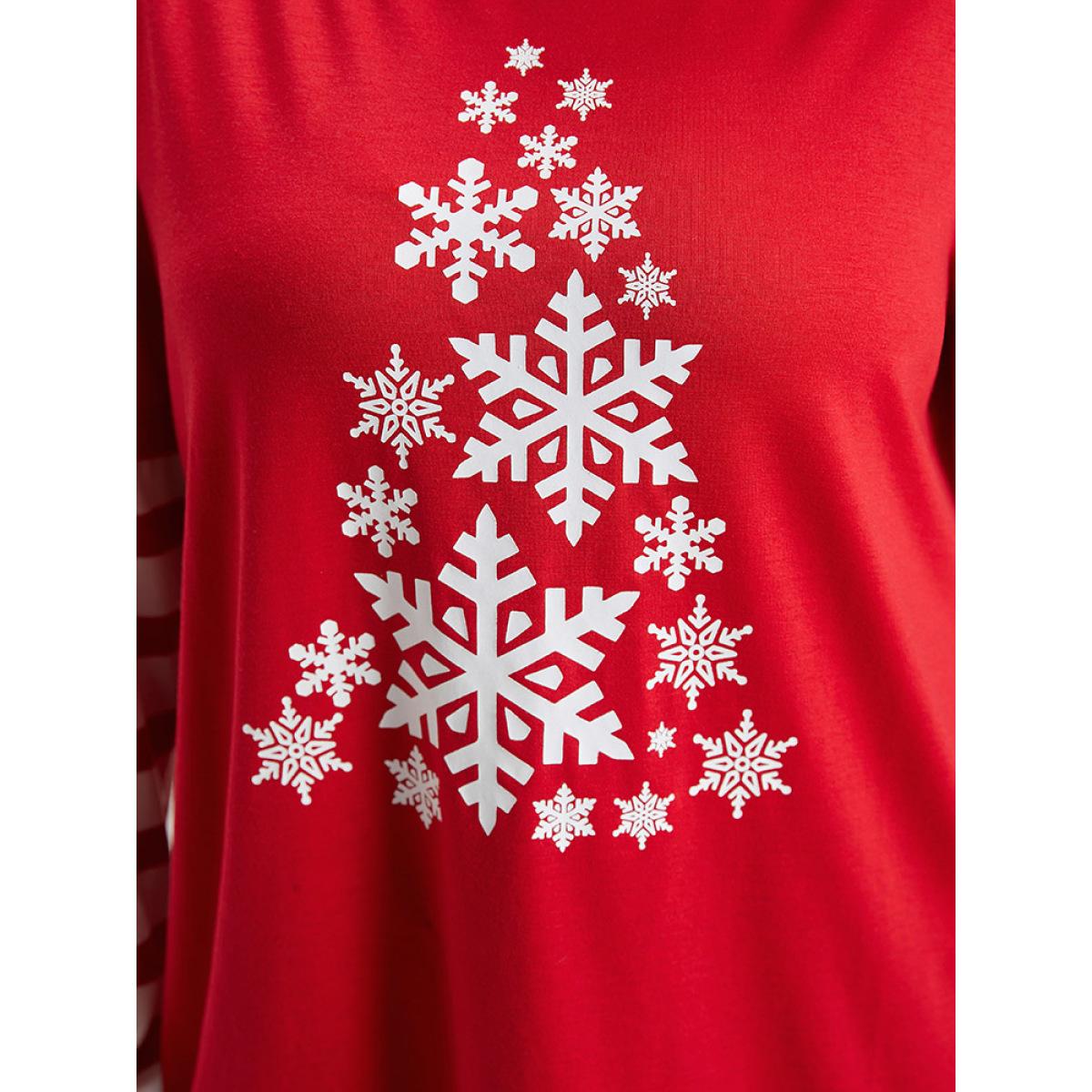 Plus Size Snowflake Striped Patchwork T-shirt Red Women Casual Contrast Christmas Round Neck Festival-Christmas T-shirts BloomChic 28/5X Product Image