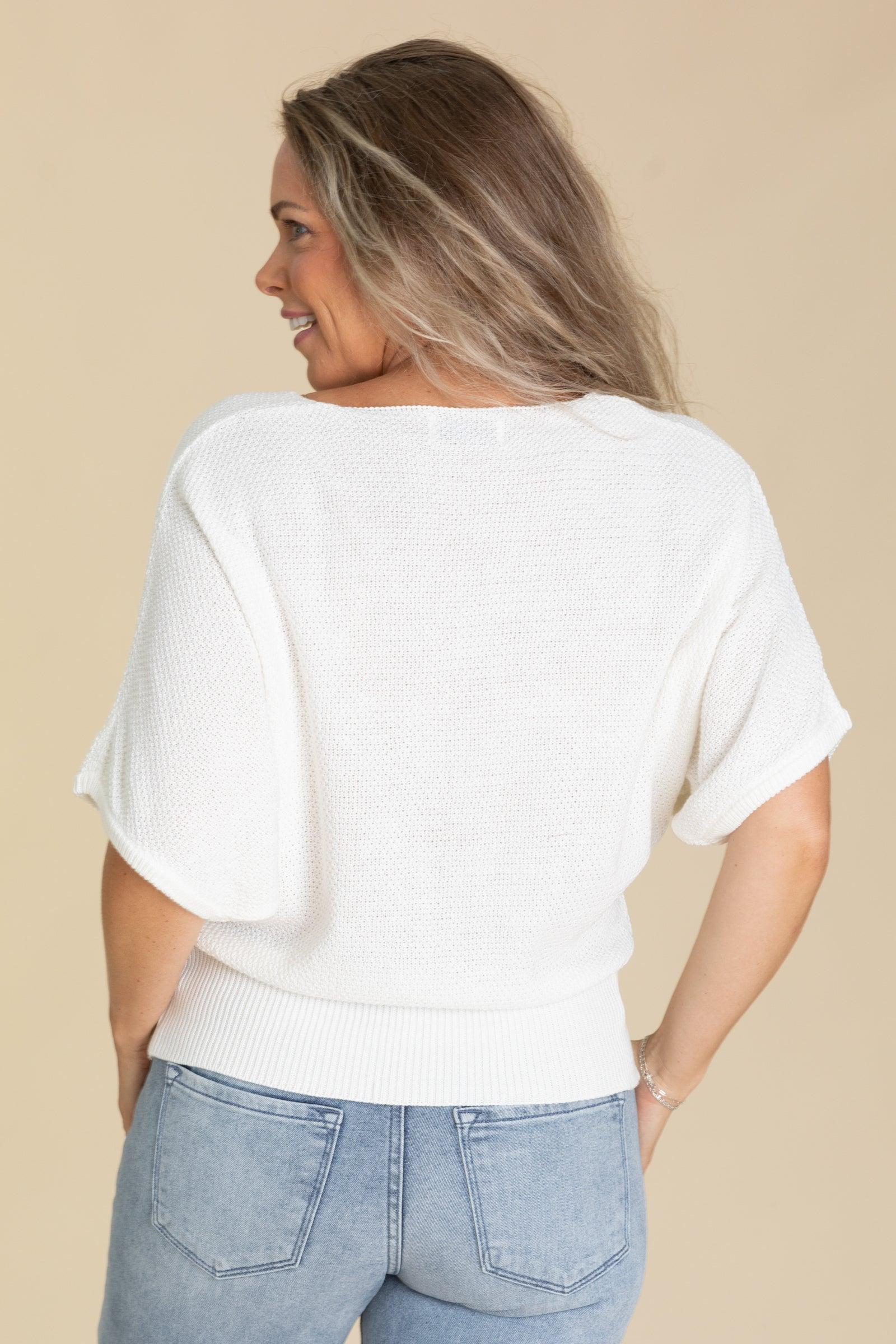 V-Neck Short Sleeve Dolman Knit Sweater Tops Product Image