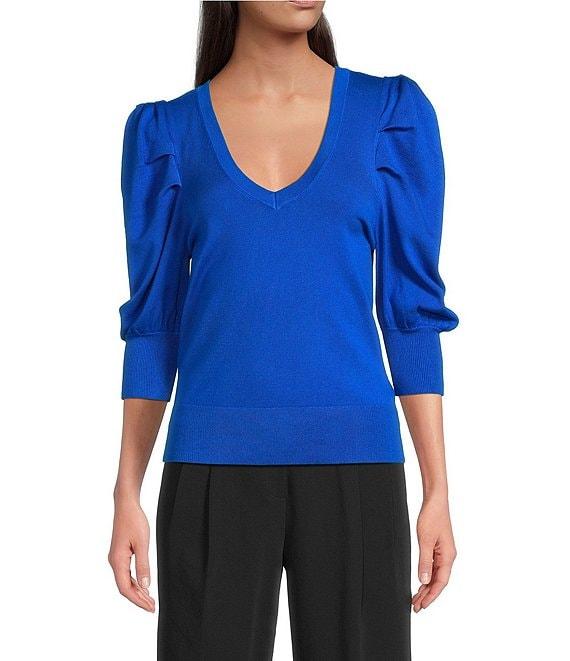 DKNY by Donna Karan Short Pleated Puffed Elbow Sleeve V-Neck Knit Top Product Image