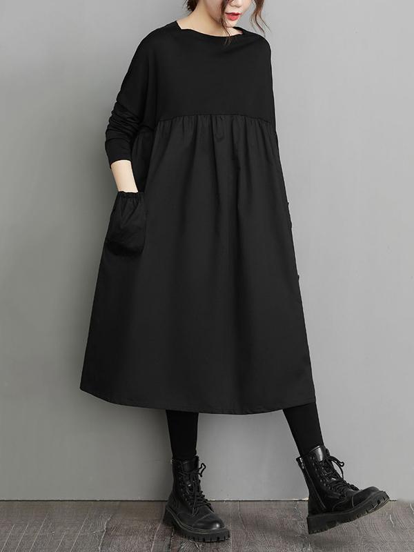 Simple Loose Black Split-Joint Long Sleeves Midi Dress Product Image