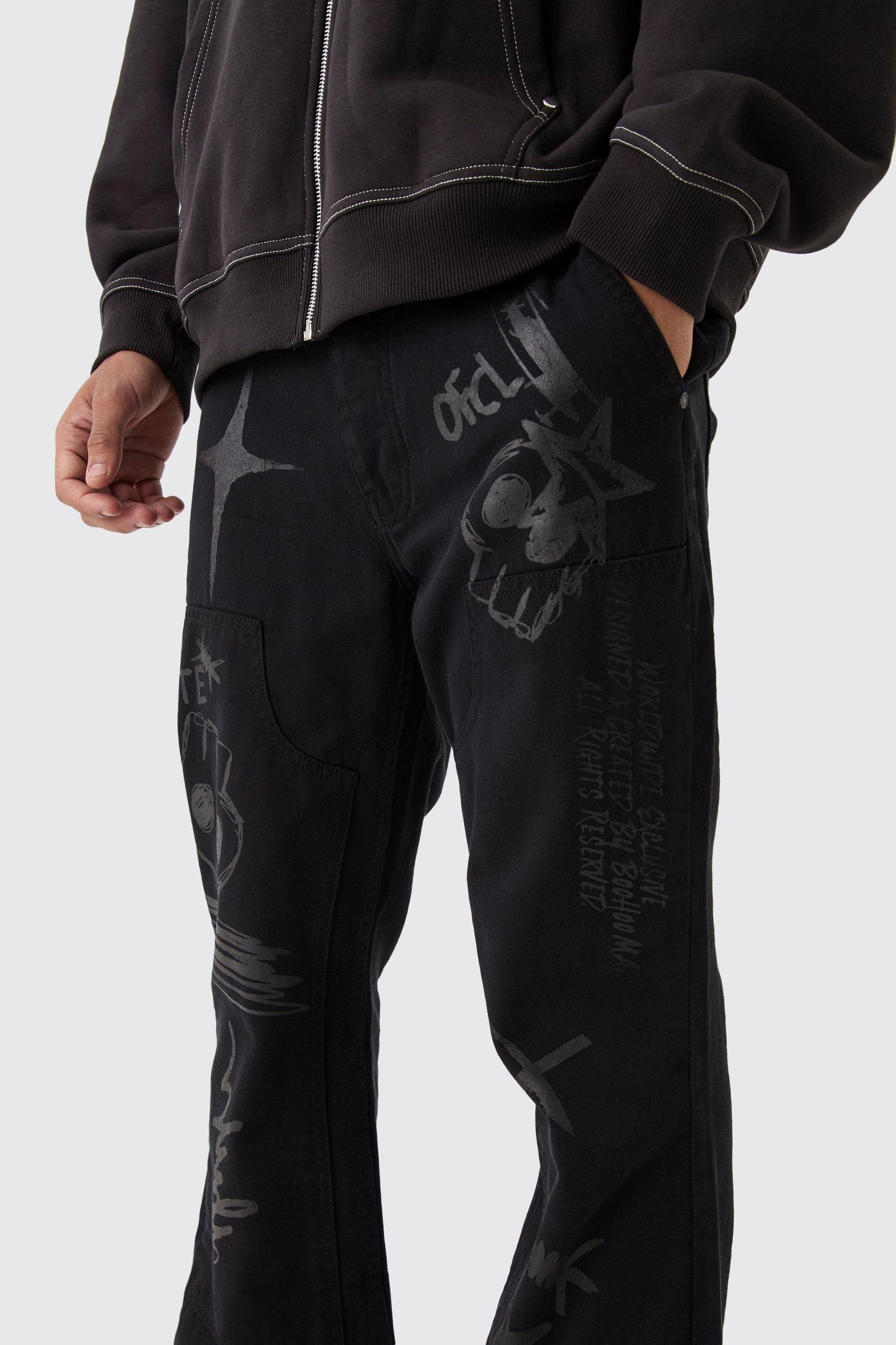 Fixed Waist Slim Flare Twill Laser Printed Carpenter Pants | boohooMAN USA Product Image