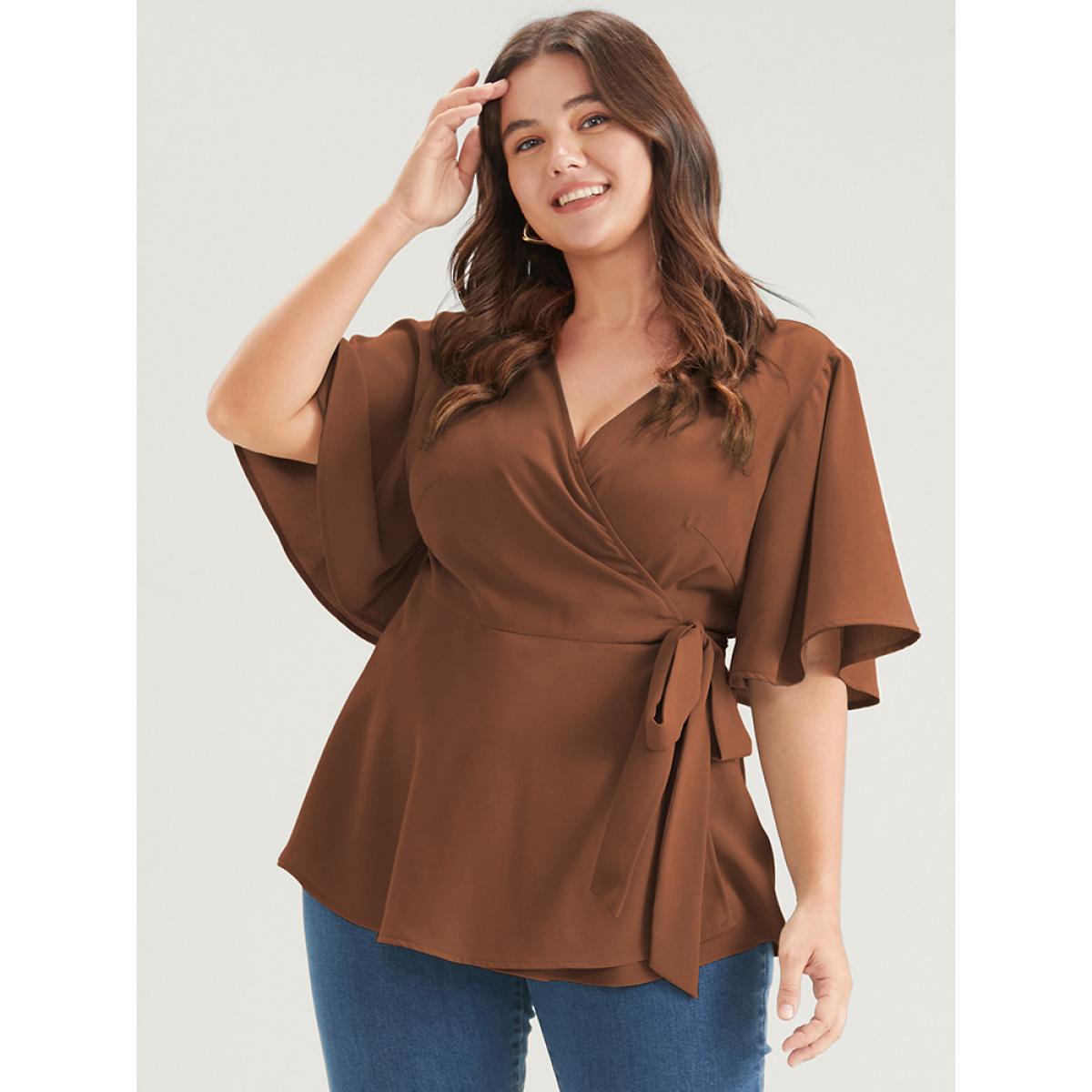Plus Size Chocolate Plain Ruffles Button Belted Wrap Babydoll Blouse Women Elegant Short sleeve V-neck Dailywear Blouses BloomChic 18-20/2X Product Image