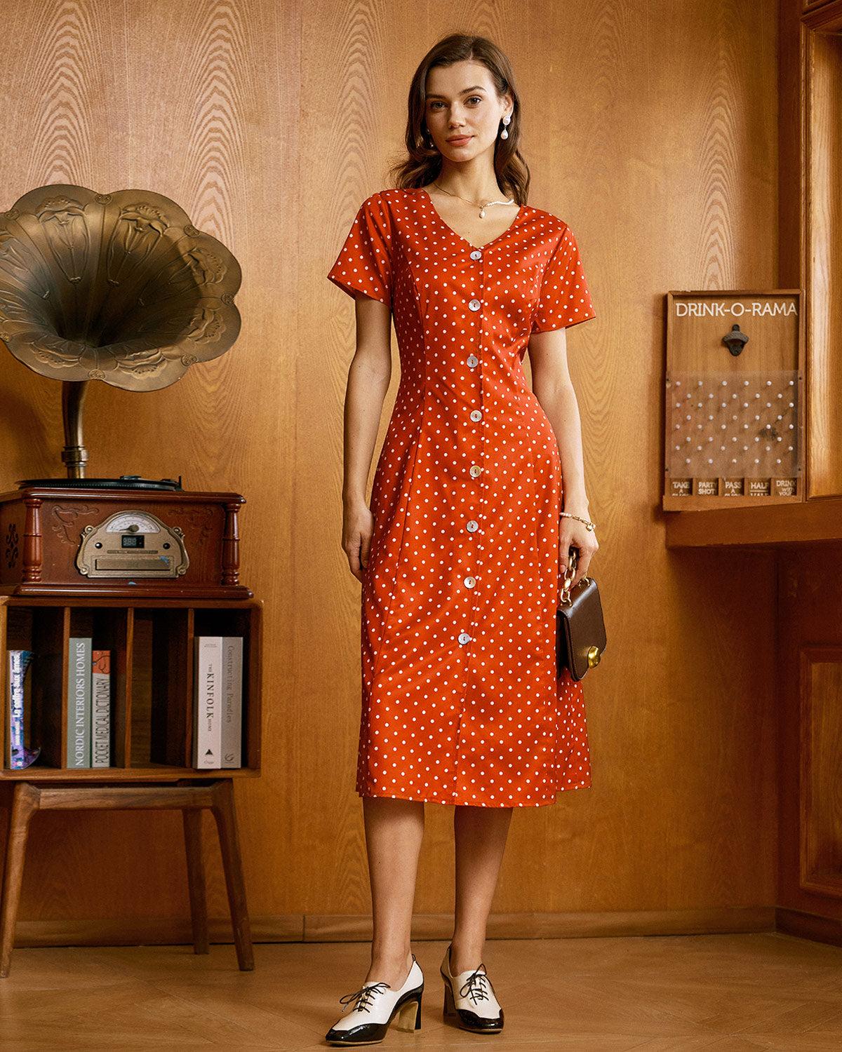 Red Polka Dot Button Midi Dress Product Image