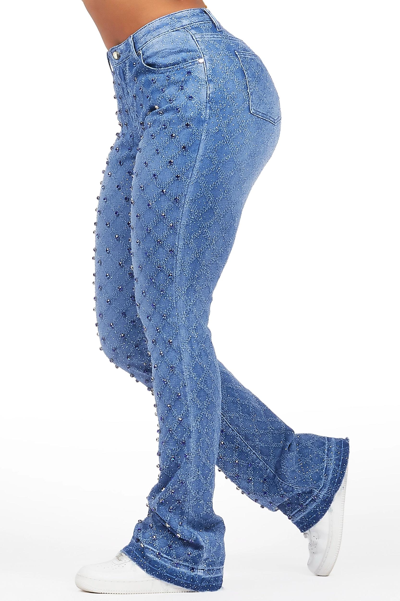 Sareka Royal Blue Rhinestone Stacked Flare Jean Female Product Image