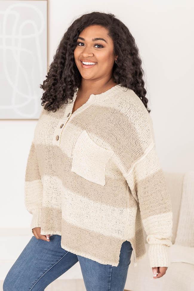 Know You Best Beige Oversized Striped Henley Sweater Product Image