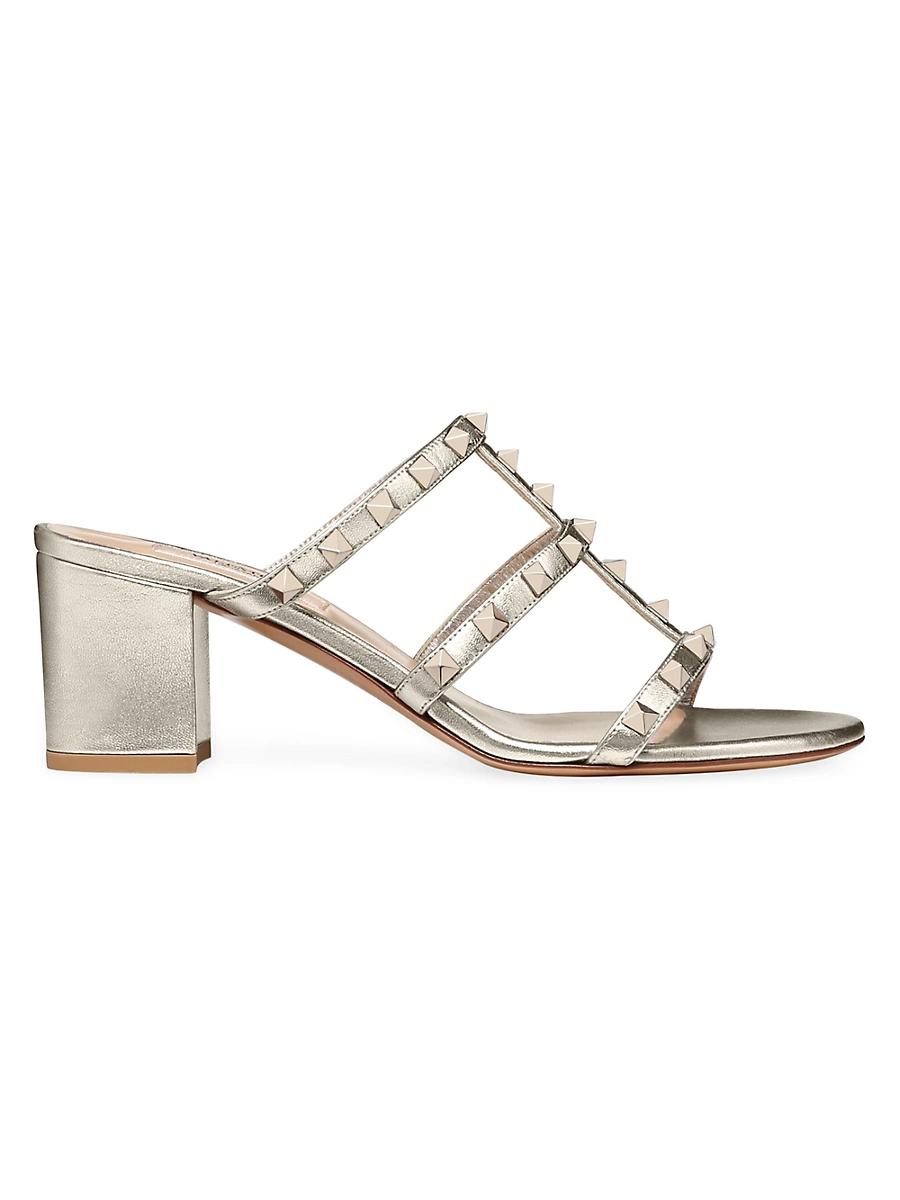 Womens Rockstud Metallic Calfskin Leather Slide Sandals 60 MM Product Image