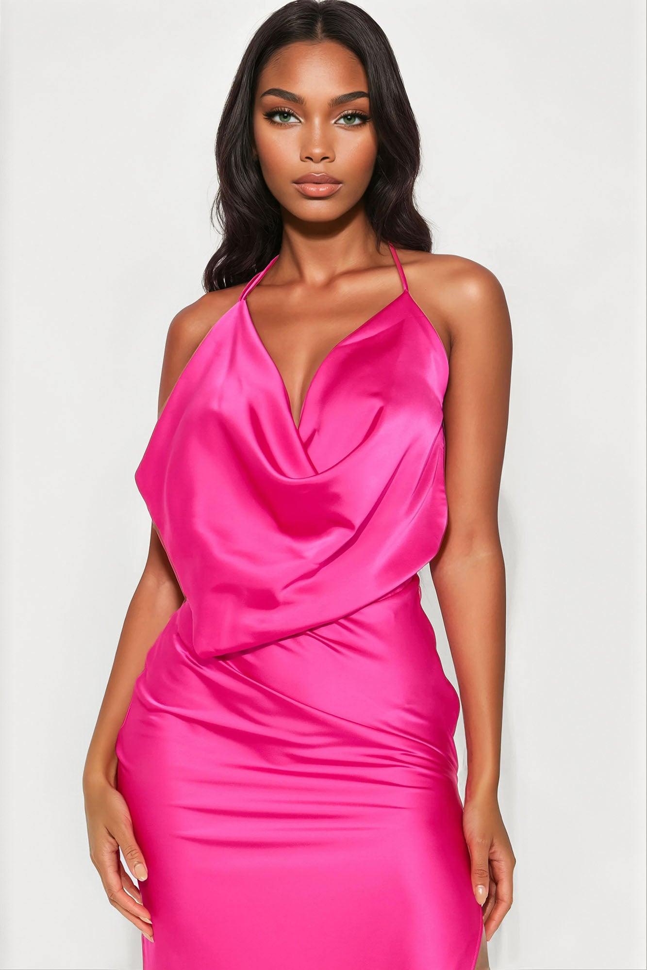 Sunset Satin Backless Maxi Dress - Fuchsia Female Product Image