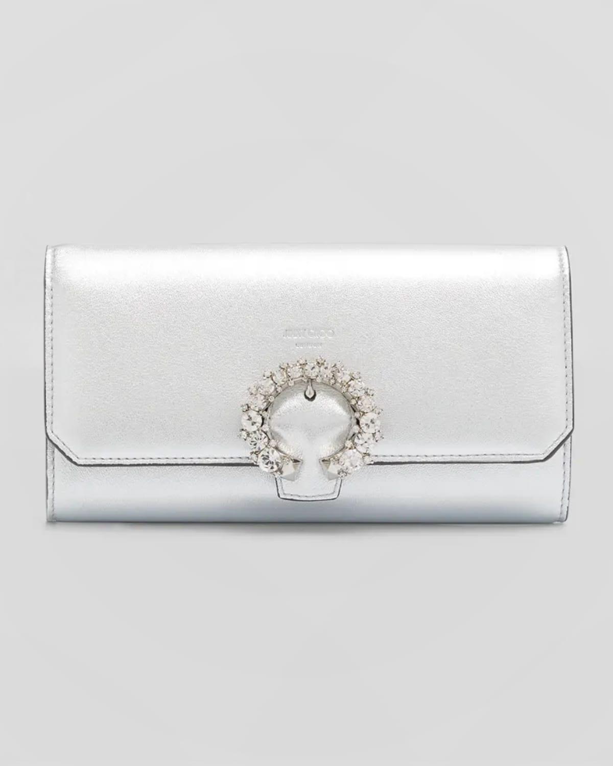 Womens Crystal-Embellished Metallic Leather Wallet With Chain Product Image