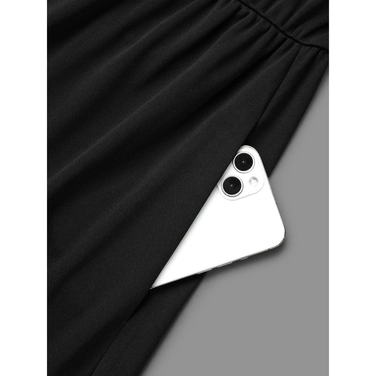 Plus Size Sheer Lace Sleeve Fit and Flare Midi Dress Black Women At the Office Woven ribbon&lace trim Asymmetrical Neck Elbow-length sleeve Curvy BloomChic 26/4X Product Image