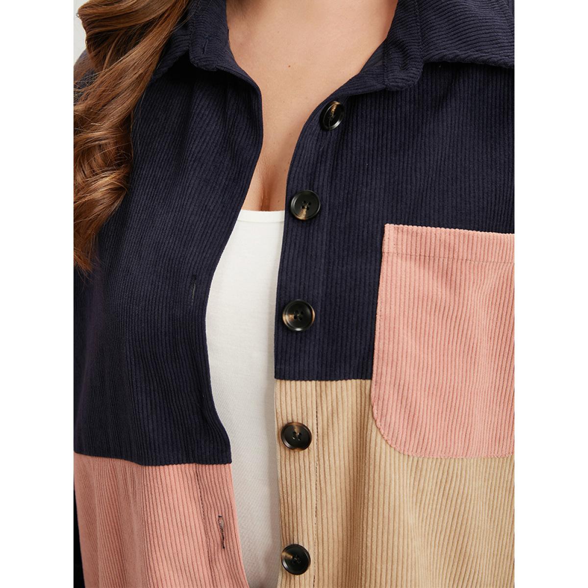 Plus Size Colorblock Contrast Patchwork Pocket Button Through Jacket Women DarkBlue Pocket Dailywear Jackets BloomChic 26/4X Product Image