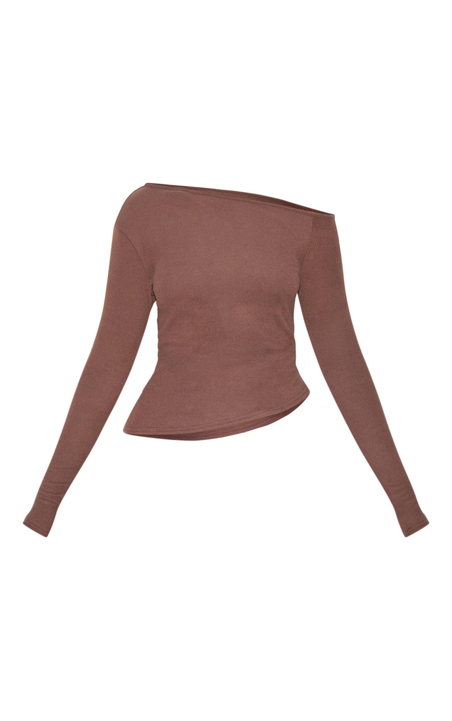 Chocolate Soft Touch Rib Asymmetric Long Sleeve Top Product Image