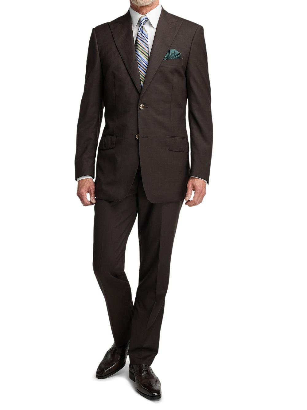 Wool Stretch Bengaline Single Breasted Peak Lapel Suit - Dark Brown Product Image