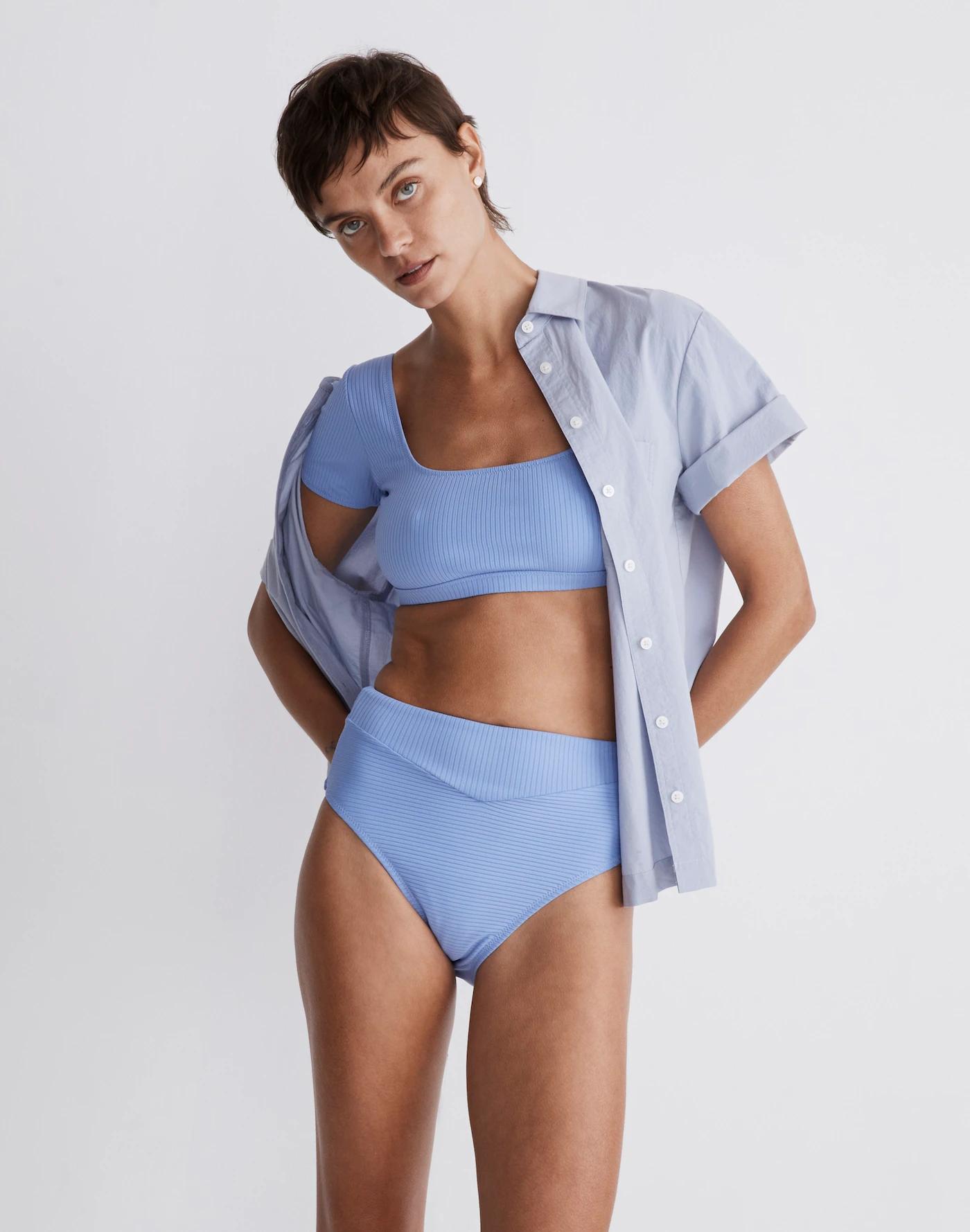 Ribbed Square-Neck Longline Bikini Top Product Image