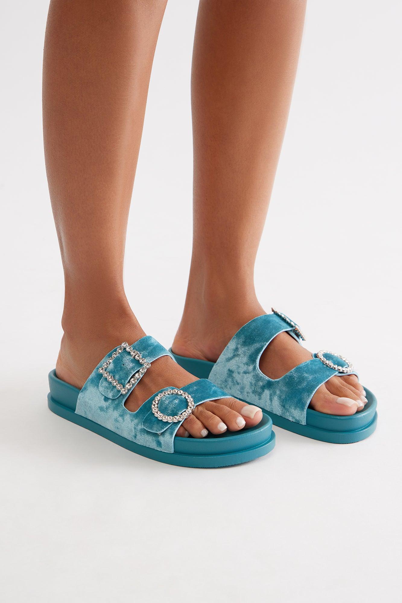 Ivona Rhinestone Buckle Velvet Sandals - Blue Female Product Image