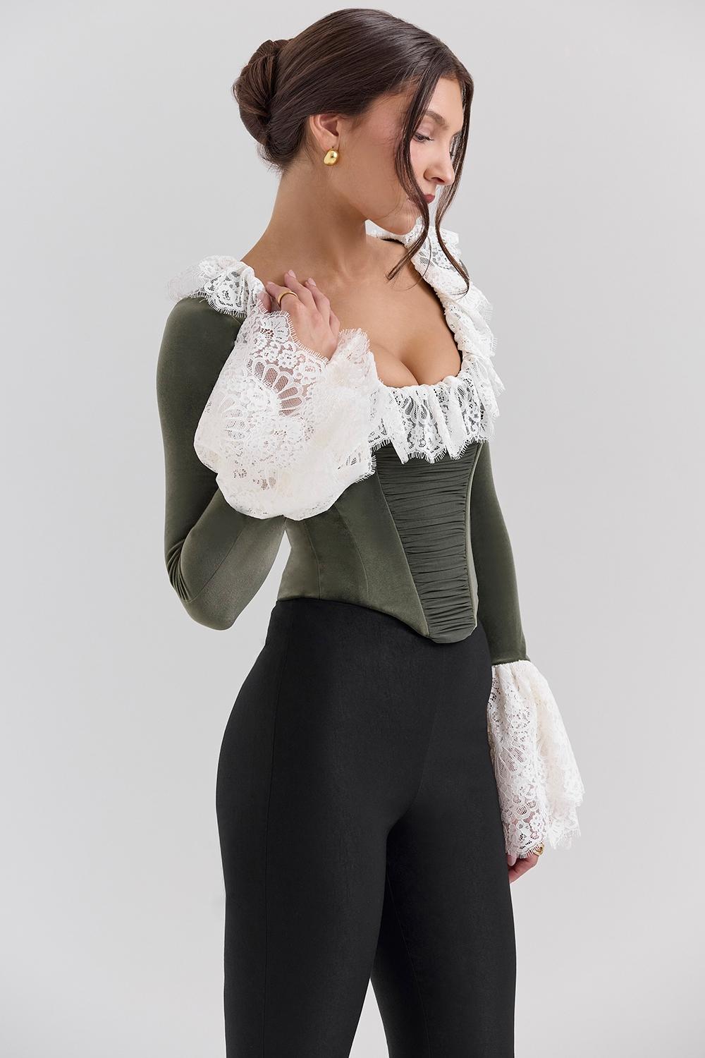 Jacinda  forest green velvet lace trimmed corset top - sale Product Image