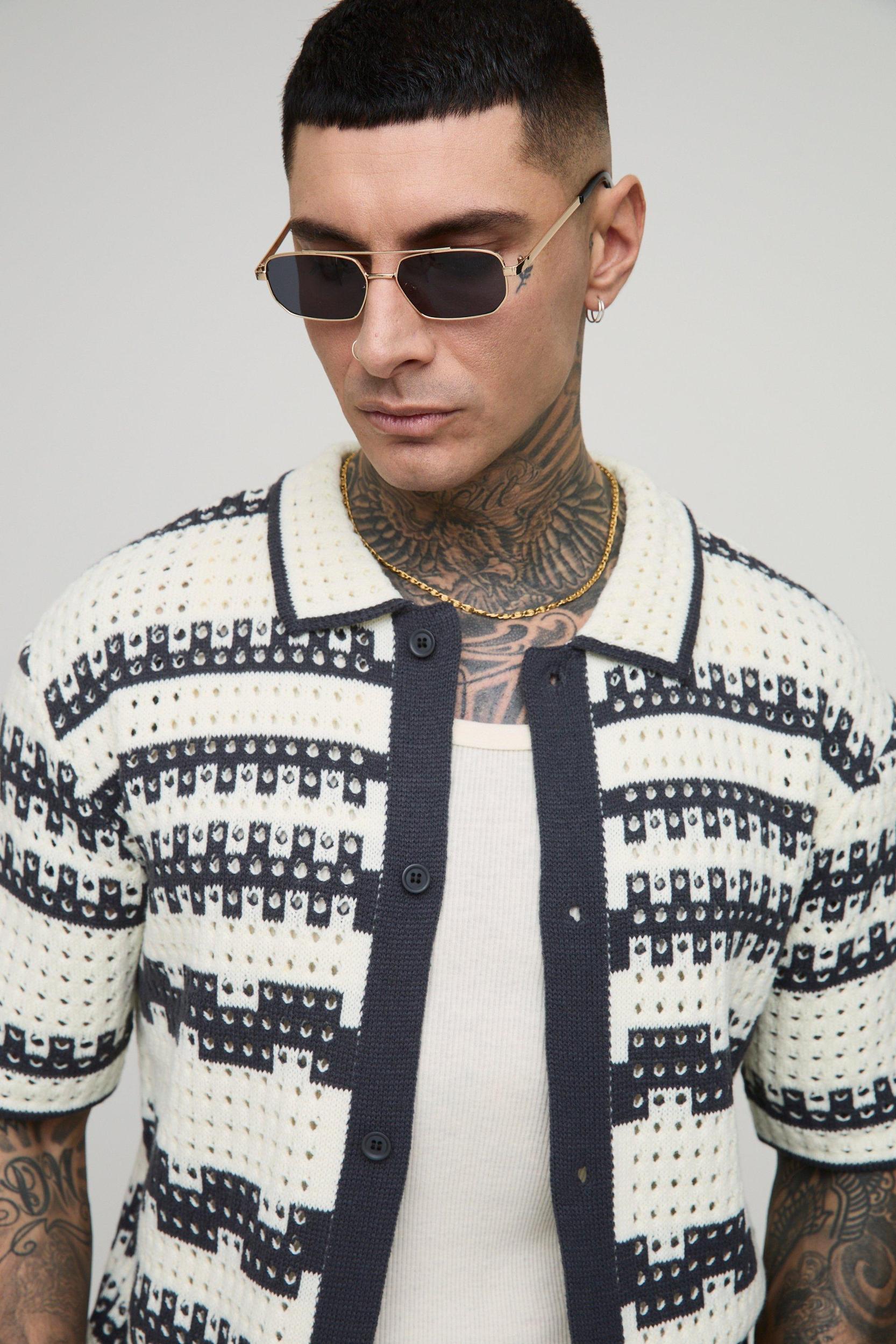 Tall Oversized Stripe Crochet Shirt | boohooMAN USA Product Image