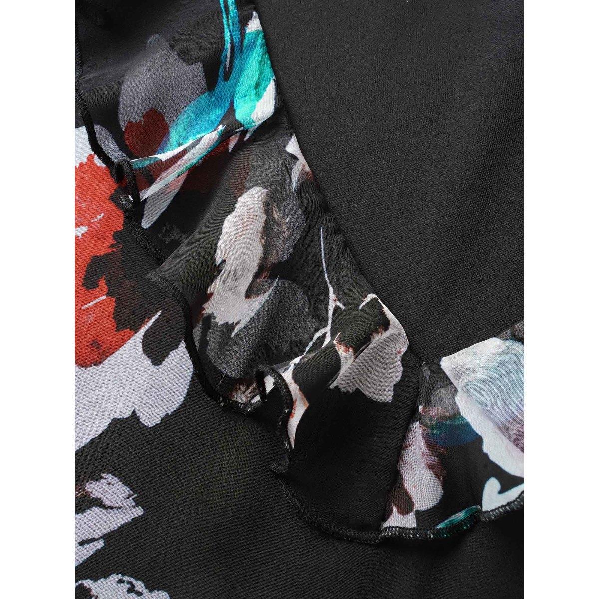 Plus Size Black Chiffon Floral Ruffles Mesh Blouse Women Elegant Elbow-length sleeve V-neck Everyday Blouses BloomChic 26/4X Product Image