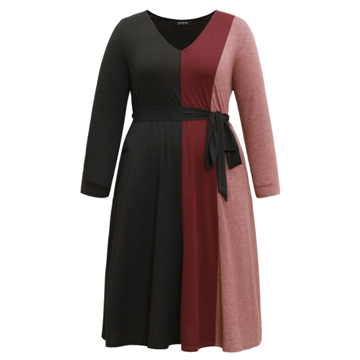 Plus Size Colorblock Patchwork Belted Pocket Long Sleeve Dress Multicolor Women Casual Belted V-neck Long Sleeve Curvy Midi Dress BloomChic 14-16/1X Product Image