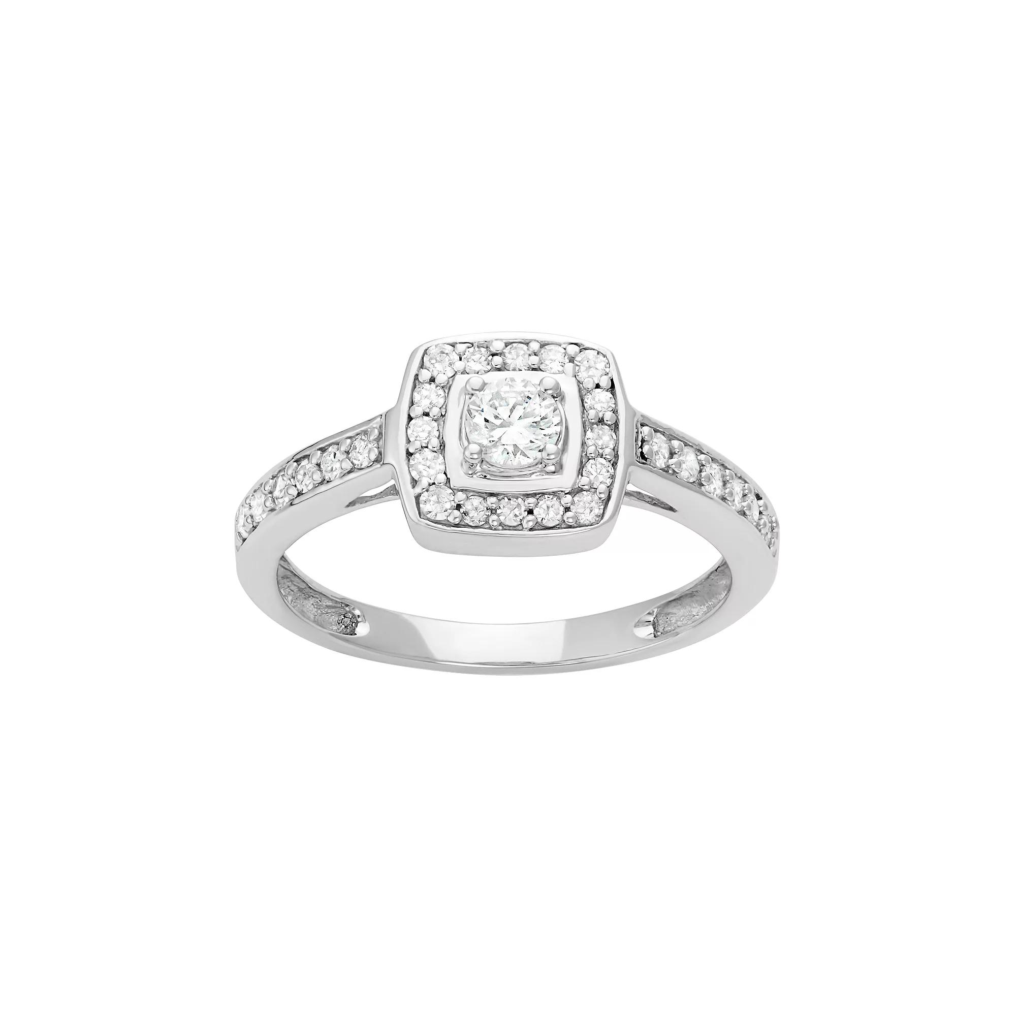 HDI 14k White Gold 1/2 Carat T.W. Diamond Square Halo Engagement Ring, Women's,  Product Image