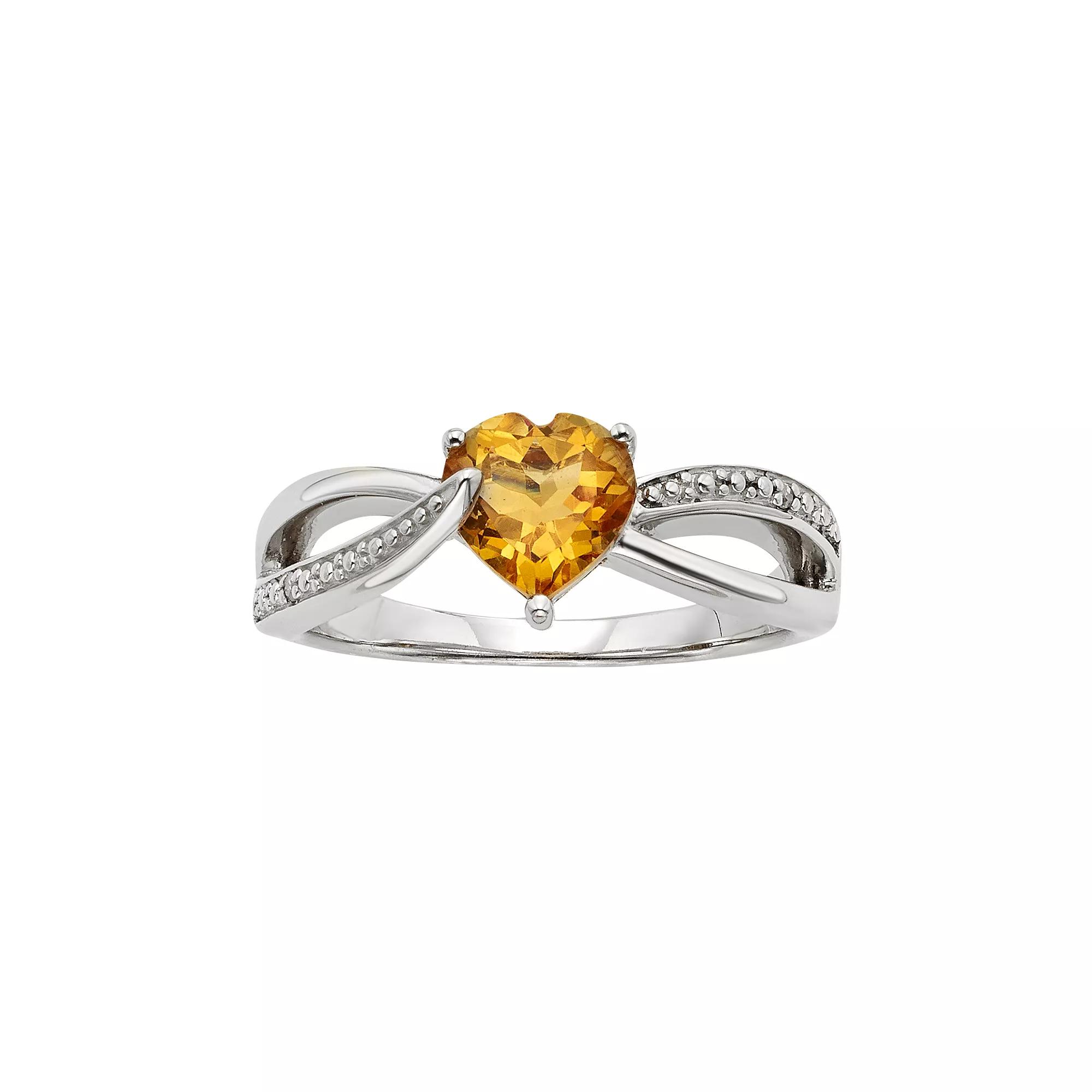 Citrine and Diamond Accent Sterling Silver Heart Bypass Ring, Women's, Size: 7, Orange Product Image
