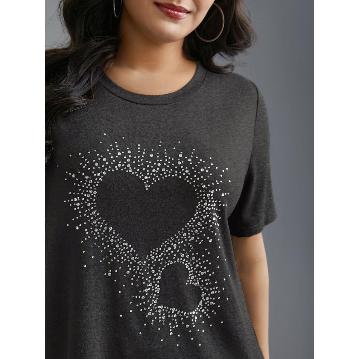 Plus Size Crew Neck Rhinestone Heart T-Shirt DarkBlue Women Casual Rhinestone detailing Round Neck Everyday T-shirts BloomChic 14-16/1X Product Image