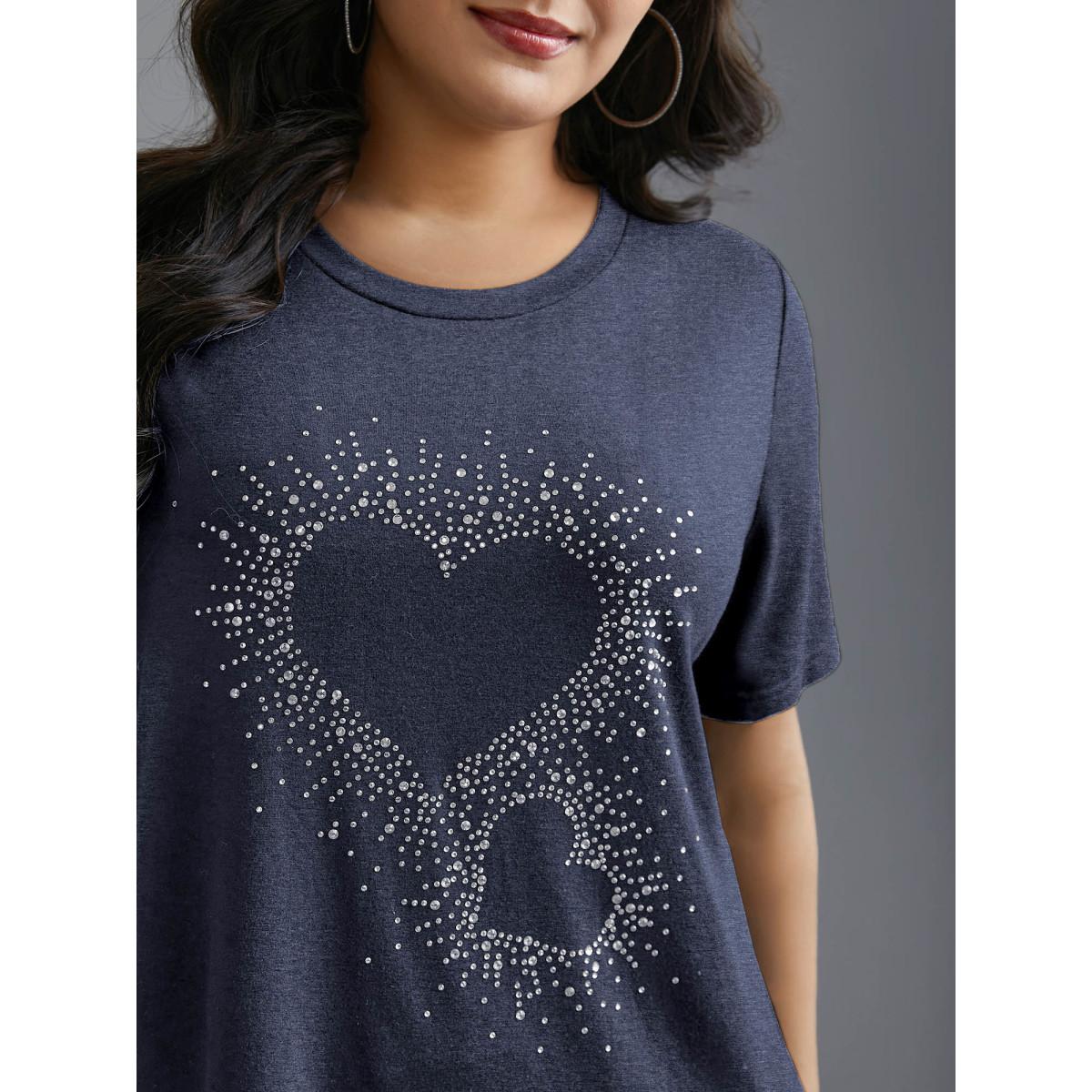 Plus Size Crew Neck Rhinestone Heart T-Shirt DarkBlue Women Casual Rhinestone detailing Round Neck Everyday T-shirts BloomChic 14-16/1X Product Image